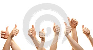 Hands and thumbs up isolated in front of white background