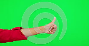 Hands, thumbs up sign and a person on green screen for support, like emoji or thank you. Hand of a woman to show icon or