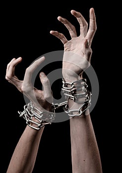 Hands tied chain, kidnapping, dependence, loneliness, social problem, halloween theme, black background