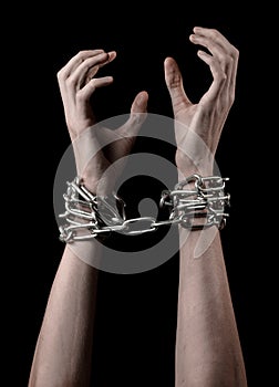 Hands tied chain, kidnapping, dependence, loneliness, social problem, halloween theme, black background