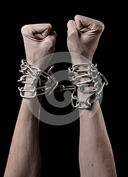 Hands tied chain, kidnapping, dependence, loneliness, social problem, halloween theme, black background