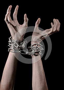 Hands tied chain, kidnapping, dependence, loneliness, social problem, halloween theme, black background