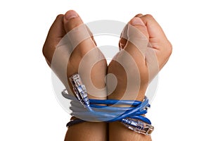 Hands tied with network cable.