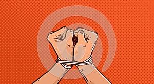 Hands Tied With Rope Isolated Sketch On Vintage Pop Art Background