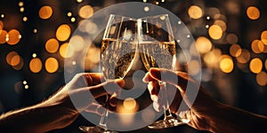 hands toasting with champagne glasses at party against glittering background with confetti, AI Generated