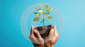 Hands together holding small plant in fertile soil on blue background