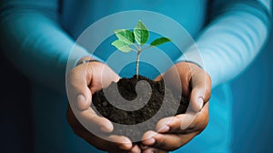 Hands together holding small plant in fertile soil on blue background