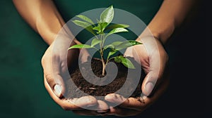 Hands together holding small plant in fertile soil on green background