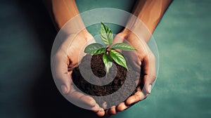 Hands together holding small plant in fertile soil on green background