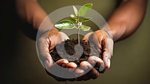 Hands together holding small plant in fertile soil on green background