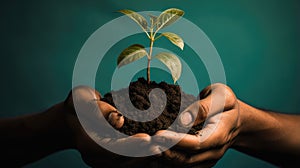 Hands together holding small plant in fertile soil on green background