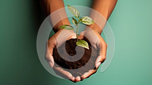 Hands together holding small plant in fertile soil on green background