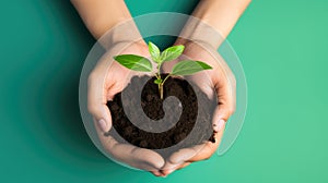 Hands together holding small plant in fertile soil on green background