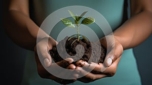 Hands together holding small plant in fertile soil on green background