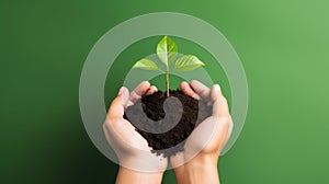 Hands together holding small plant in fertile soil on green background