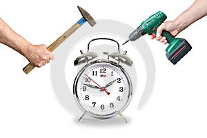 Hands with tool break the alarm clock