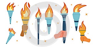 Hands torches with burning flame. Symbol of sport, games, victory and champion competition with different people race palm. Vector