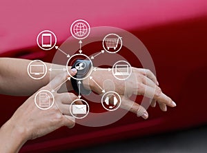 Hands touch icon customer network connection on smart watch, Omni Channel