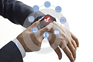 Hands touch icon customer network connection on smart watch, Omni Channel or Multi channel