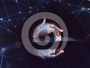 Hands Touching Big Smart Device Browsing Internet