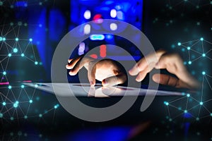 Hands Touching Big Smart Device Browsing Internet