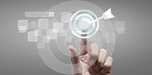 Hands touching button screen interface global connection customer networking