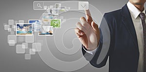 Hands touching button screen interface global connection customer networking