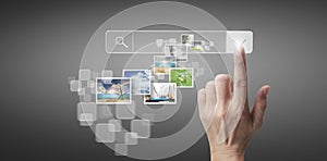 Hands touching button screen interface global connection customer networking