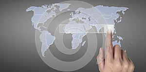 Hands touching button screen interface global connection customer networking
