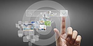 Hands touching button screen interface global connection customer networking