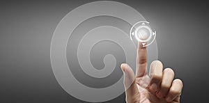 Hands touching button screen interface global connection customer networking