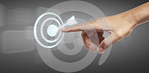 Hands touching button screen interface global connection customer networking