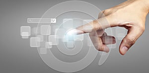 Hands touching button screen interface global connection customer networking