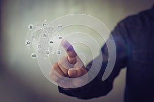 Hands touching global connection and icon customer networking data exchanges on dark background