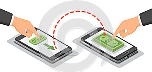 Hands touching smartphones which sending and receiving money wireless