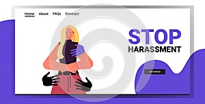 Hands touching woman stop harassment and abuse no sexual violence concept portrait horizontal