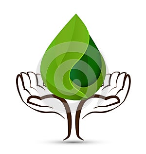 Hands tree water drops leaf shape logo