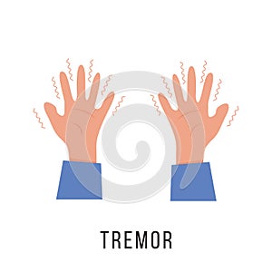 Hands with tremor symptom. Parkinson disease. Trembling or Shivering arms. Physiological stress symptoms. Mental