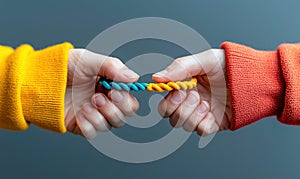 Two people are locked in a tug-of-war, pulling on a rope that symbolizes conflict and competition.