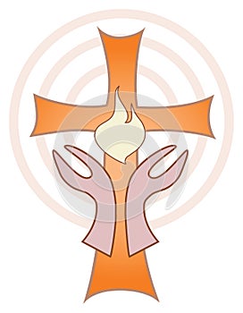 Hands turned towards Cross with Flame