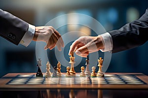 Hands of two men in business suit playing chess board game.