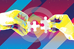 Hands with two puzzle pieces abstract background , modern illustration for teamwork, partnership , relationship , connection and c