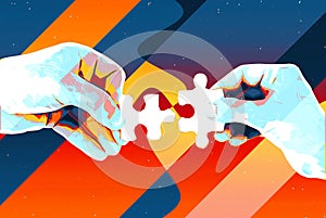 Hands with two puzzle pieces abstract background , modern illustration for teamwork, partnership , relationship , connection and c