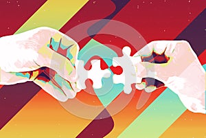 Hands with two puzzle pieces abstract background , modern illustration for teamwork, partnership , relationship , connection and c