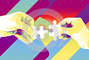 Hands with two puzzle pieces abstract background , modern illustration for teamwork, partnership , relationship , connection and c