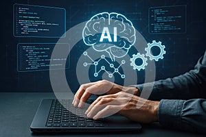 Person typing on a laptop with AI brain and code displayed on screen artificial intelligence programming