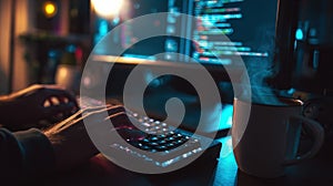 Person typing on illuminated keyboard with code on computer screen