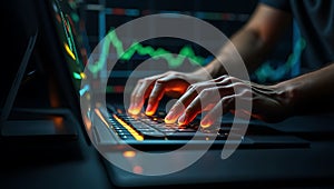 Hands Typing on a Keyboard with Digital Stock Market Data Displayed