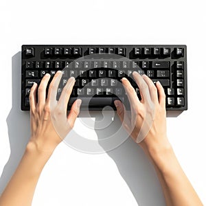 Hands typing on a black computer keyboard top down view