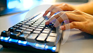 Hands Typing on Blue Backlit Mechanical Keyboard for Gaming or Coding